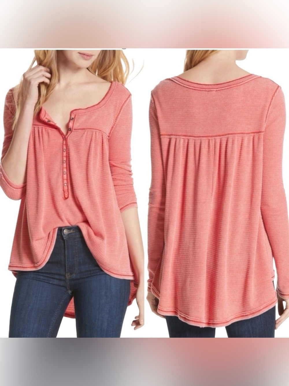 Free People We The Free‎ Kai Henley Top Red Waffle Knit Thermal Babydoll XSmall